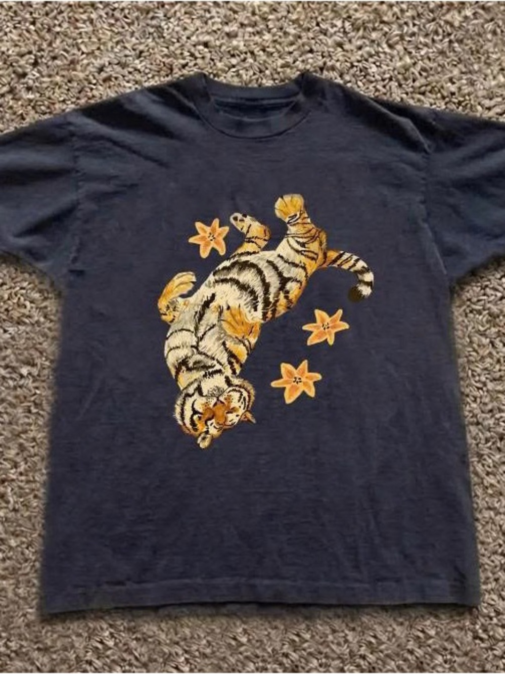 Gildan Navy Blue Tee with Orange Tiger and Flower Graphic